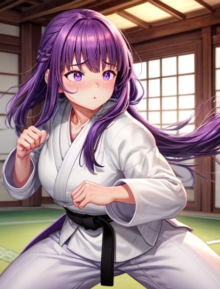 best quality, masterpiece, highres, detailed, digital artwork, <lora:Detail - add_detail:0.2>, JudoCh, dougi, black belt, white pants, dojo,  <lyco:Change - JudoCh:0.8>, fighting stance, FernF, purple hair, purple eyes, disappointed, pout, puffy cheeks, <lora:Character - FernF:0.7>