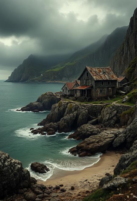Abandoned Fishing Village on Rocky Shoreline
An old, weathered fishing village clings to a rocky shoreline, shrouded under heavy clouds that cast a moody atmosphere. Gerhard Richter’s ethereal sense of atmosphere envelops the scene, infusing it with a haunting beauty. Oscar Ukuno’s hyper-shaded realism defines the intricate textures of the weathered wood and rugged stone, bringing each element to life. David Kassan subtly incorporates human presence, hinting at stories of the village's past. Together, these artists create a compelling narrative of abandonment and nostalgia, evoking a sense of mystery and the passage of time along the coast.
vivid colors. 
detailmaximizer, aidmaMJ6.1,  Movie Still, Film Still, Cinematic, Cinematic Shot, Cinematic Lighting, detailxl, flux-style, midjourneyv6.1