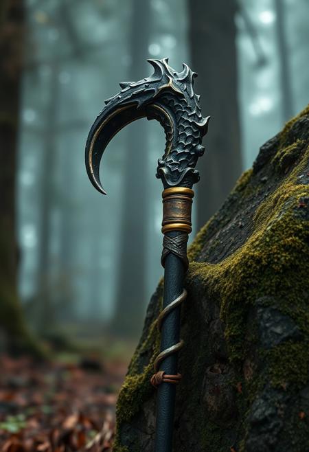 A hyper-realistic portrait, photorealistic photo close-up image of a magical bronze sculpture of a dragons claw leaning against a moss-covered stone in a dense, misty forest. the mage staff is weathered, with worn leather and gold on the handle, but gleams with a fierce history. Ultra sharp detail, flawless composition, muted natural colors, High Definition HD, ancient warrior aesthetic, cinematic lighting, perfect outdoor realism, bokeh.(photography, high-resolution, dynamic, energetic, hyper-realistic, dramatic lighting, shallow depth of field.),