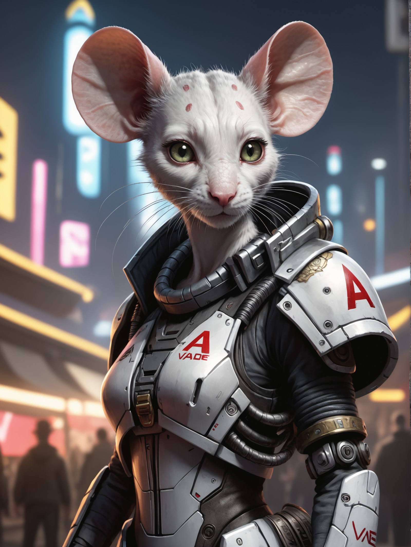 a mouse cyberpunk woman holding a "VAE" Flagg, detailed photo, detailed, realistic, 8k uhd, high quality