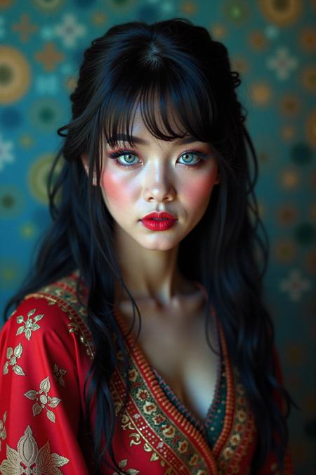 Woman,traditional,colourful,Day Of ******** makeup,black hair,perfect pale blue eyes. (Background is a mystical dream world:1.4),shot at a dynamic angle,