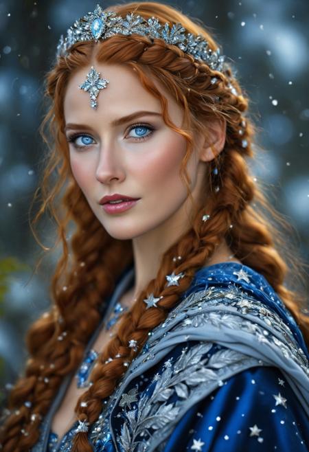 breathtaking detailed, masterpiece, absurdres, awe-inspiring, best quality, vibrant colors, nbn-freyja, beautiful woman, auburn hair, blue eyes, braids, silver tiara, blue robe with leafe and star inlays, looking over her shoulder, portrait, close up, realistic, blurry background