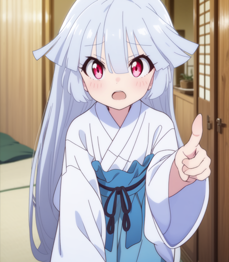 1girl, solo, long hair, looking at viewer, smile, bangs, hime cut, red eyes, long sleeves, hair between eyes, closed mouth, standing, full body, grey hair, boots, japanese clothes, wide sleeves, kimono, sash, brown footwear, obi, white kimono