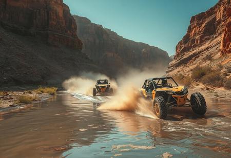 A high quality photo taken on the bottom of a beautiful canyon. a winding river runs in the center and sparse vegetation grow on the cliff wall sides. dust in the air, beautiful, artistic, serene, detailed, slightly cluttered environment. 
Two dune buggies are racing each other in the river, kicking up water and smoke behind them. action. intense.
focus on the first buggy. the drivers are wearing motorbike helmets.
High detail, 4k, super realistic, real photo, golden hour, shot on Canon, camera, orange dreamy lighting, vibrant colors, zoomed out, god rays