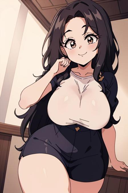 ETO-OC 1girl, black hair, curly hair, long hair, thick eyebrows, hazel eyes, plump, medium breasts,