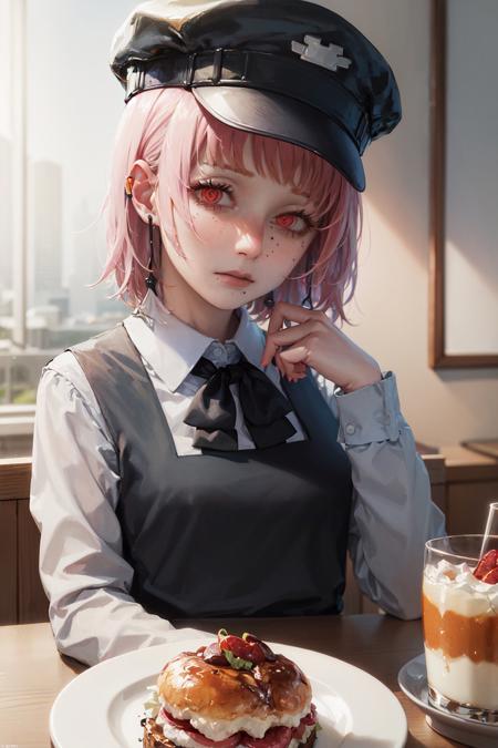 (masterpiece, best quality:1.2), <lora:csm_fami-10:1>, upper body, solo, 1girl, fami \(chainsaw man\), expressionless, closed mouth, looking at viewer, elbows on plate, pink hair, black hat, red eyes, school uniform, pinafore dress, white shirt, neck ribbon, indoors, food on plate, drinking glass