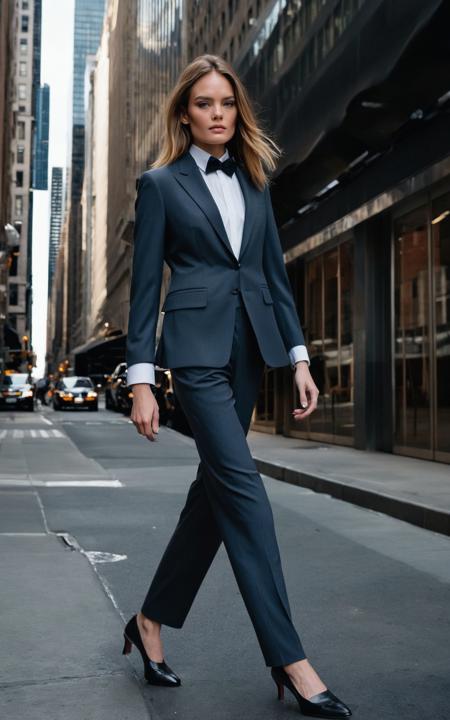 <lora:DaniLynn_SDXL_v1.0:1.1>  beauty photo, (upper body photo:1.3), 
 ((ohwx woman)), 
Striding with purpose in a tuxedo pantsuit by Thom Browne, pleats and silhouettes tailored for maximum movement. Her steely gaze signifies business acumen and ambition. Photographed on location in the financial district by Peter Lindbergh using a Mamiya RZ67 and 150mm lens. Crisp details showcase impeccable tailoring against an energetic backdrop.