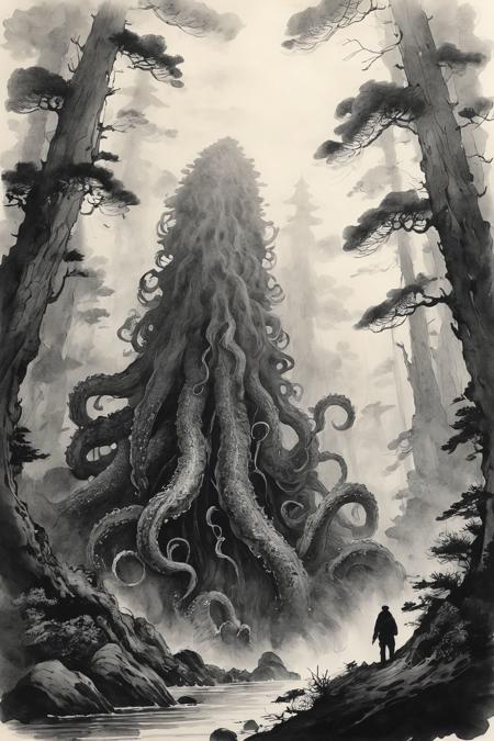 Japanese Ink Drawing, gigantic tentacle-kaiju in a forest, heavy mist, ink drawing, inkwash, Japanese Ink Drawing