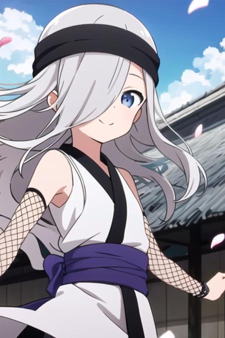 masterpiece, best quality, <lora:kunoichi_hototogisu:0.7> 1girl, solo, blue eyes, grey hair, long hair, hair over one eye, white kimono, sleeveless, fishnets, outdoors, smile, black headband, sash, wind, falling petals, delicated ilumination, upper body,