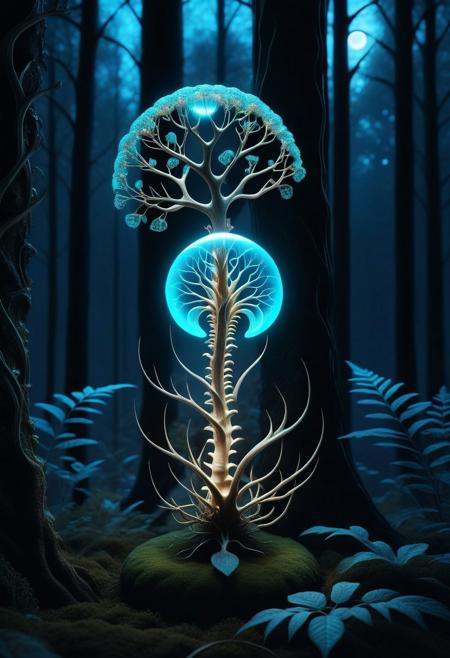 8k analog photo, glow of bioluminescent apple in spine bone cage, shimmer with magic and mystery, apple growing on the tree, in forest at night, minimalist,