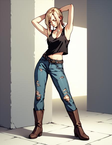 aya brea, blue eyes, blonde hair, white shirt, t-shirt, midriff, jeans