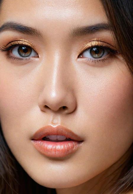 glamorous photo portrait of a unique breathtaking and beautiful Asian woman face close-up, stunning detail, hyper detailed eyes, detailed skin with a flawless texture delicate and refined, smooth hair, fullness of her lips,, captured in masterful composition, lighting accentuate her natural beauty, gentle shadows and highlights, incredible skill and attention to detail, nuance and detail, supersharp focus, Carne Griffiths, Conrad Roset, annie leibovitz, hyperdetailed, soft light, sharp, Hasselblad masterclass, . high fashion, luxurious, extravagant, stylish, sensual, opulent, elegance, stunning beauty, professional, high contrast, detailed