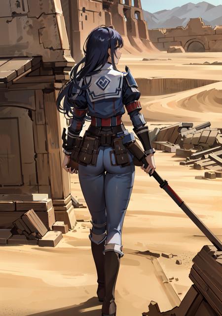 (masterpiece), best quality, 1 girl,solo, looking at viewer, desert, ruins,  pants,  smile, thick thighs, long hair, looking at viewer, gallia_uniform, from behind, <lora:gallia_uniform_80:0.6>,