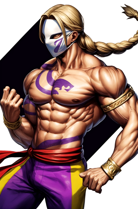 vega \(street fighter\), single braid, topless male, mask, 1boy, tattoo, armlet, red sash, claw \(weapon\), purple pants, wrist cuffs, shoes