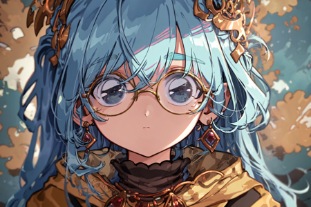 best quality, masterpiece, extremely detailed, detailed background, best quality, masterpiece, extremely detailed, detailed background, 1girl, solo, glasses, blue hair, looking at viewer, jewelry, round eyewear, earrings, bangs, long hair, blue eyes, portrait, smoke, necklace, expressionless