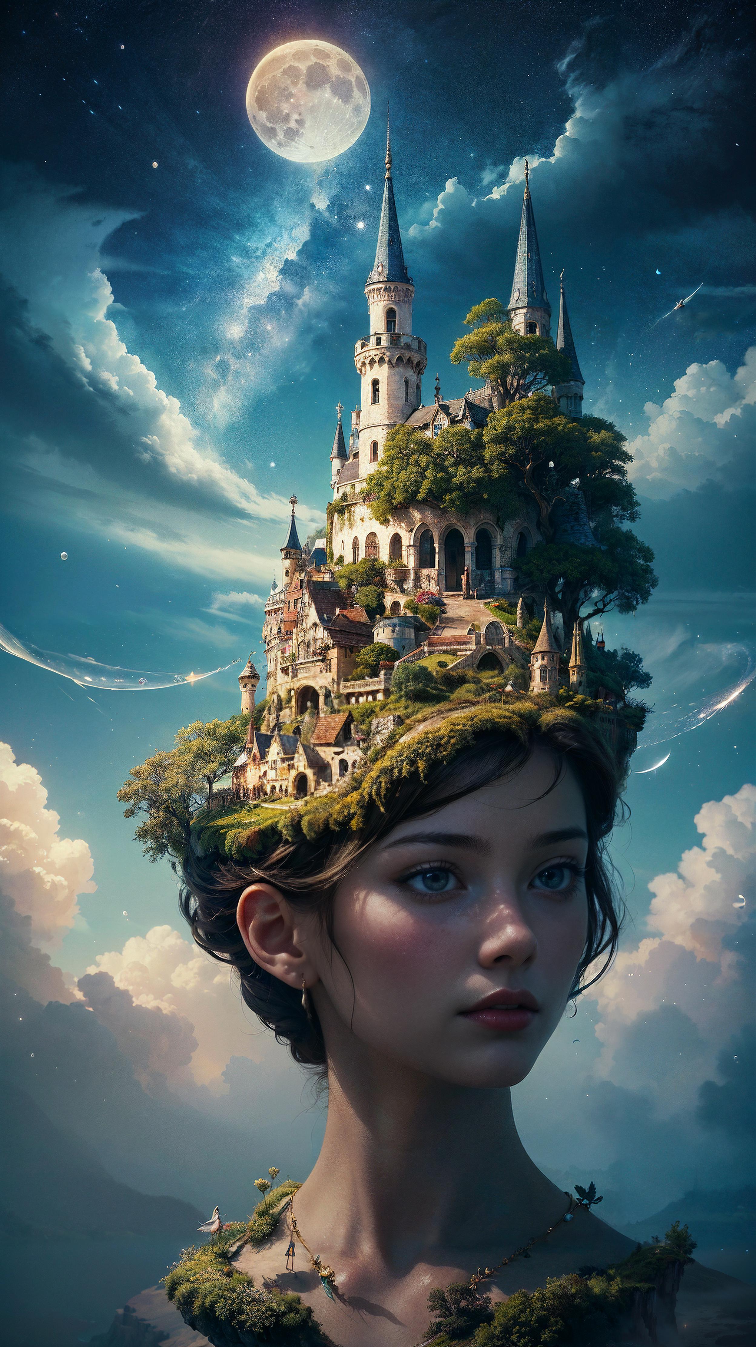 A young girl with a castle on her head.