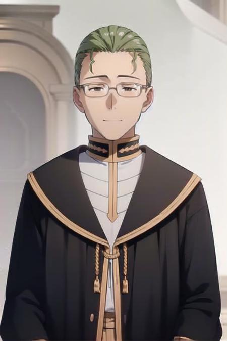 heiter, 1boy, male focus, solo, glasses, green hair, full body, standing, black footwear, looking at viewer, smile, robe, brown eyes