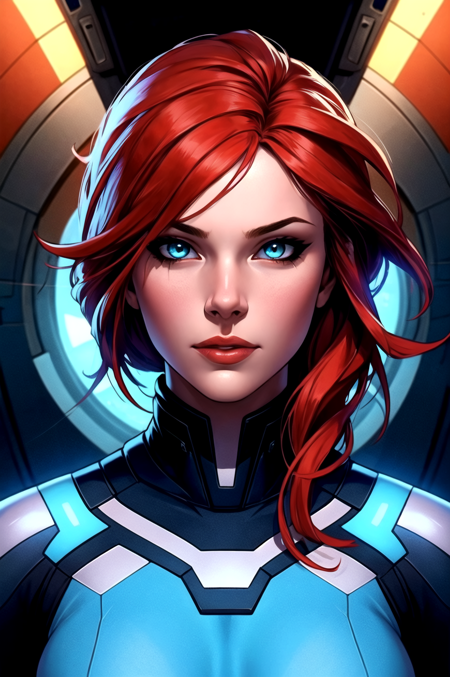 masterpiece, best quality, 8k, artstation, sharp focus, ultra realistic, high details,  tight outfit, zero gravity, (long red hair flowing), perfect face, perfect eyes, medium breasts, inside spaceship, volumetric lighting, depth of field, cinematic lighting, medium shot, (good anatomy), face focus,