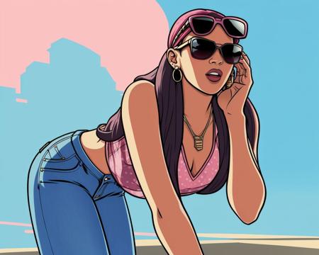 <lora:GTA_Style:0.8> GtaSA2004 cartoon of a woman wearing pink printed top, denim jeans, sunglasses, bending down,