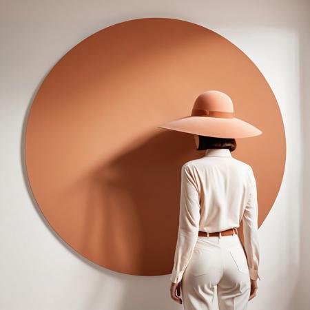A minimalist, surreal photograph featuring a woman with her back to the camera. She is wearing white high-waisted trousers and a large, round, terracotta-colored hat that covers her head. The background is a large, flat, peach-colored circle against a clean white wall, with the circle perfectly aligned with the hat, creating a visually striking composition. The woman's pose is relaxed and her arms are crossed in front of her, adding a subtle human element to the otherwise abstract and geometric scene. The overall aesthetic is soft, minimalistic, and artistically balanced.