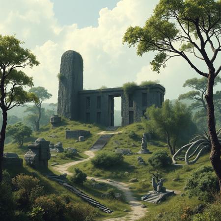 1000bc. An ancient monolithic structure sits inactive and overgrown after millennia of inactivity. Ruins, buried roads, remnants of derelict buildings dot the landscape, overgrown and desolate. The landscape around it is covered in alien wildlife and flora.