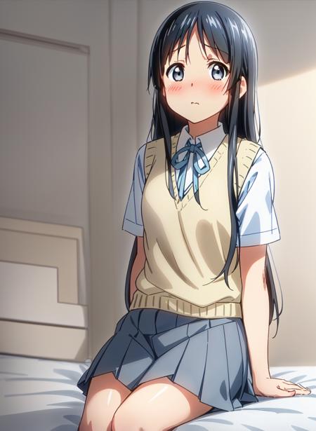 ((Mio Akiyama lies on the bed)), ((gray-blue eyes)), (((gray eyes))), long black hair, (a light steel blue skirt), (((beige))) vest, (((beige vest with narrow blue narrow ribbon))), ((white short sleeve shirt under the beige vest)), (shy:1.7), 1girl, blush, embarrassed, looking_at_viewer, medium_breasts, (a light steel blue pleated skirt), pleated_skirt, school_uniform, skirt, solo, <lora:MioAkiyama:0.35>