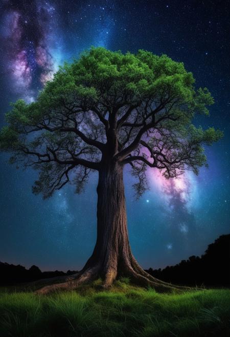 big bushy tree, in the crown of the tree clock, night, sky, saturn, near the earth, space, many stars, beautiful colors in the night sky, cosmic, memorizing, beautiful, realistic, nebula on the background of the sky