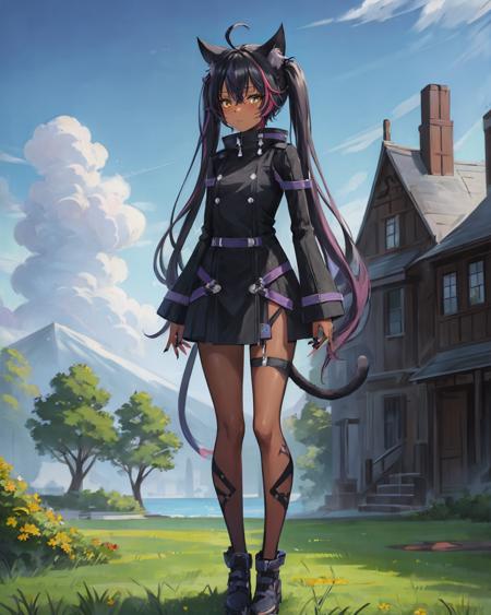 best quality, (masterpiece:1.2), illustration, absurdres,
(1girl, solo), (beautiful detailed girl),
<lora:Celine:0.8>, Celine Millstein, black hair, purple hair, streaked hair, ahoge, long hair, black cat ears, twintails, cat tail, dark skin, small breasts,
black dress, black nails, claws,
looking at viewer, tsundere, blush,
park, sky, clouds, trees, buildings,,
(standing:1.2), full body shot,