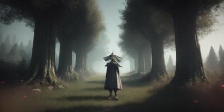 <lora:15MovingMeditations:1>meditation scene: a group of people standing around in a forest