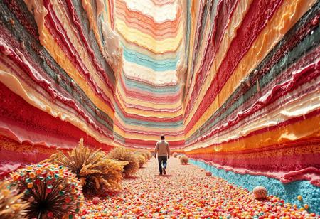 man walking at the bottom of the multi color cake valley. The valley is made from cake and melting cream. walking between narrow towering, huge cake and huge topping cream. canyon of giant layered cake. bush of shiny candies. chip gravel spread along the path.