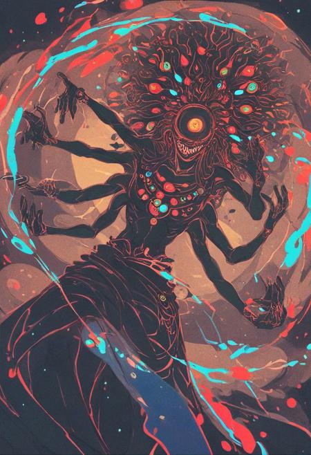 score_9, score_8_up, score_7_up, score_6_up, score_5_up, score_4_up, Hindu god, dancing kicking and flailing in front of a churning cosmos, four arms, psychedelic occult signs and runes, exaggerated, skinny, dutch angle, dark space, stars and nebulae