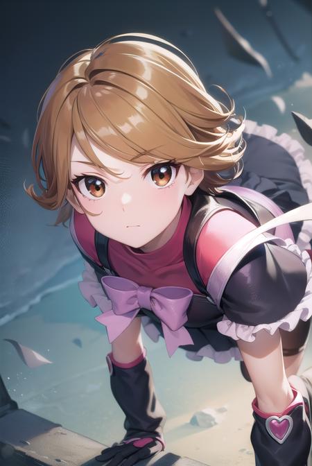 cure black, ahoge, (brown eyes:1.5), brown hair, eyelashes, short hair, (swept bangs:1.5), arm warmers, bike shorts, bike shorts under skirt, black footwear, black gloves, boots, bow, brooch, earrings, fingerless gloves, frilled legwear, frilled skirt, frilled sleeves, frills, gloves, heart, heart brooch, high heels, jewelry, knee boots, magical girl, ribbon, short sleeves, shorts, shorts under skirt, skirt,