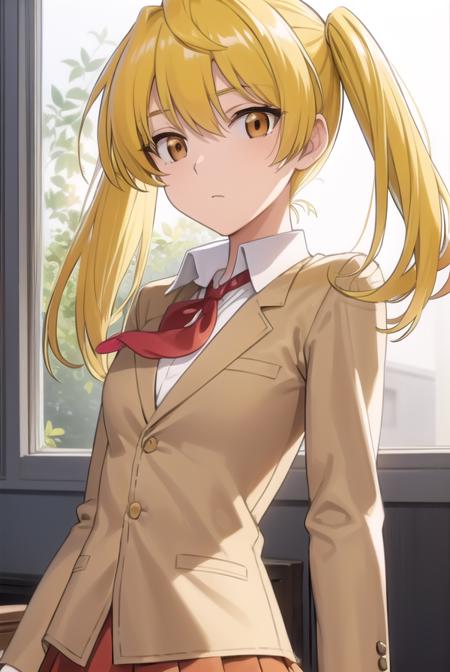 erisawachika, <lora:eri sawachika s2-lora-nochekaiser:1>,
eri sawachika, medium hair, (yellow hair:1.5), twintails, (brown eyes:1.5),
BREAK skirt, long sleeves, school uniform, pleated skirt, red skirt, shirt, collared shirt, white shirt, blazer, (light brown blazer:1.5), neckerchief, red neckerchief,
BREAK indoors, classroom,
BREAK looking at viewer, (cowboy shot:1.5),
BREAK <lyco:GoodHands-beta2:1>, (masterpiece:1.2), best quality, high resolution, unity 8k wallpaper, (illustration:0.8), (beautiful detailed eyes:1.6), extremely detailed face, perfect lighting, extremely detailed CG, (perfect hands, perfect anatomy),