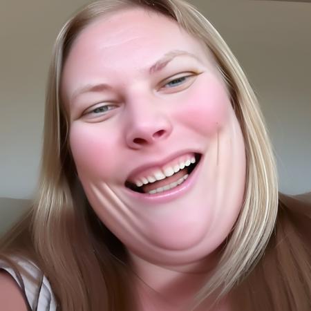 blonde hair, laugh, closed mouth, open mouth, grin, blue eyes, Realistic, long hair