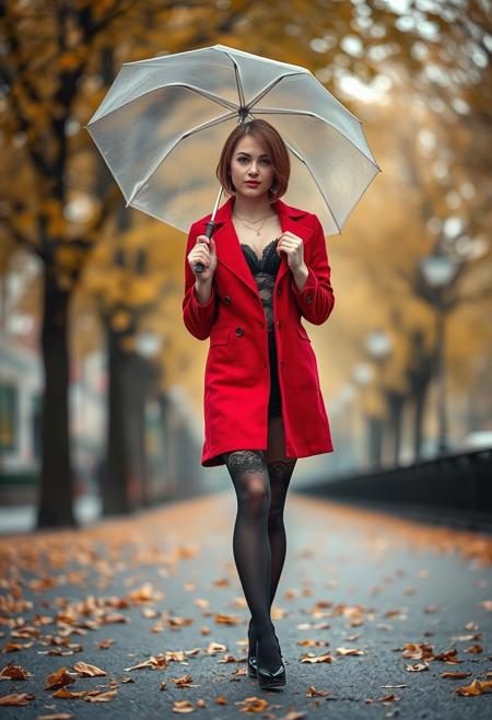 This remarkable realistic photograph features a woman in a red coat walking down a street lined with autumn trees and fallen leaves. She is posing for a photo, holding an umbrella in the wind, with her hand resting behind her jacket. The shot is taken using a Helios-40 vintage lens, creating a beautiful swirly bokeh and a shallow depth of field, with a focal length of 85mm and an aperture of f/1.5. The woman, who has short brown hair and brown eyes, looks directly at the viewer. She is wearing black lace lingerie under the coat, with black garter stockings, and high-heeled shoes. Her outfit is complemented by jewelry, including a necklace, and she stands confidently amidst the blurred backdrop of trees and falling leaves, making for a stunning autumn scene