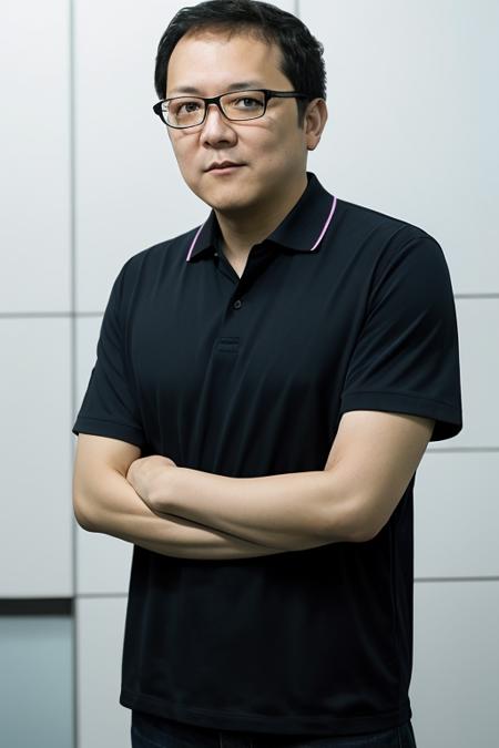 (8k, RAW photo, best quality, masterpiece:1.2),(realistic, photo-realistic:1.37), physically-based rendering,extremely detailed,highest quality,
miyazaki hidetaka, black-framed eyewear, dim lighting, collared shirt, crossed arms, hands on own arms, black shirt, glasses, looking at viewer, light smile, realistic, shirt, short sleeves, solo, upper body, simple background
<lora:miyazaki_hidetaka:0.64>