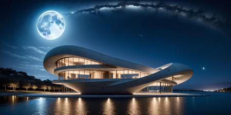 a building,shape of the mobius ringbare,faced concrete,raw concrete,window,water,night,sky,light,stars,moon,Volumetric Lighting,incredibly absurdres,wallpaper,<lora:rawconcreteXL:1>,