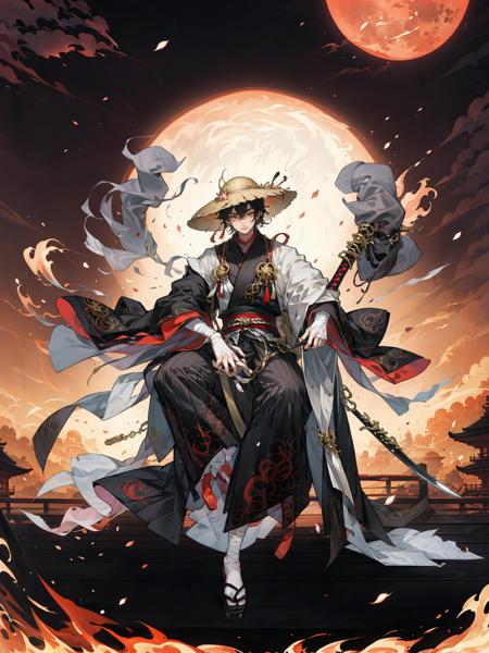 colorful, HEZI, Onmyoji, Japanese style of play, game drawing, weapon, male focus, holding weapon, hat, mask, holding, red eyes, japanese clothes, 1boy, fire, moon, sword, sandals, wide sleeves, holding sword, architecture, east asian architecture, solo, bandages, bell, multiple boys, tabi, outdoors, 2boys, bandaged hand, beads, sky, full body, night, long sleeves, sitting, tree, bandaged arm, kimono, jewelry, red moon, floating, straw hat, knife, night sky, holding knife, katana, cherry blossoms, torii, black hair, holding dagger, building, dagger, socks, short hair, tassel, full moon, red nails, geta, black kimono,<lora:é´é³å¸ç«ç»-000009:0.6>,