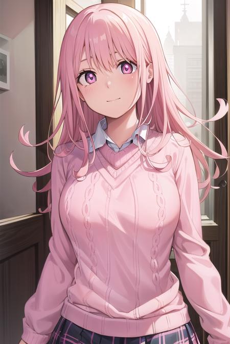 monakawai, <lora:mona kawai manga-lora-nochekaiser:1>,
mona kawai, long hair, pink hair, (pink eyes:1.5), (bright pupils:1.5), smile,
BREAK skirt, plaid, plaid skirt, sweater, long sleeves, shirt, (white shirt:1.5), collared shirt, (pink sweater:1.5),
BREAK indoors, classroom,
BREAK looking at viewer, (cowboy shot:1.5),
BREAK <lyco:GoodHands-beta2:1>, (masterpiece:1.2), best quality, high resolution, unity 8k wallpaper, (illustration:0.8), (beautiful detailed eyes:1.6), extremely detailed face, perfect lighting, extremely detailed CG, (perfect hands, perfect anatomy),