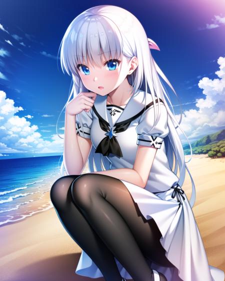 ((masterpiece)), ((best quality)), ((highres)), ((extremely detailed CG unity 8k wallpaper)), solo, <lora:naruse shiroha:0.8>, naruse shiroha, white school uniform, white skirt, black leggings, crouching down, annoyed, beach