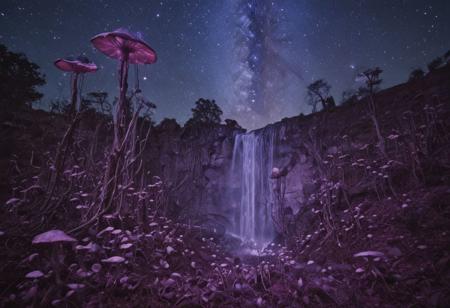 A dreamlike nightscape where waterfalls flow upwards, defying gravity, in hues of violet and silver. Celestial bodies hang impossibly low in the velvet sky of deep blue. Bioluminescent mushrooms in soft pinks and purples dot the forest floor. Style: Salvador Dali meets fantasy, soft focus, ethereal.
Photographer Reuben Wu Style