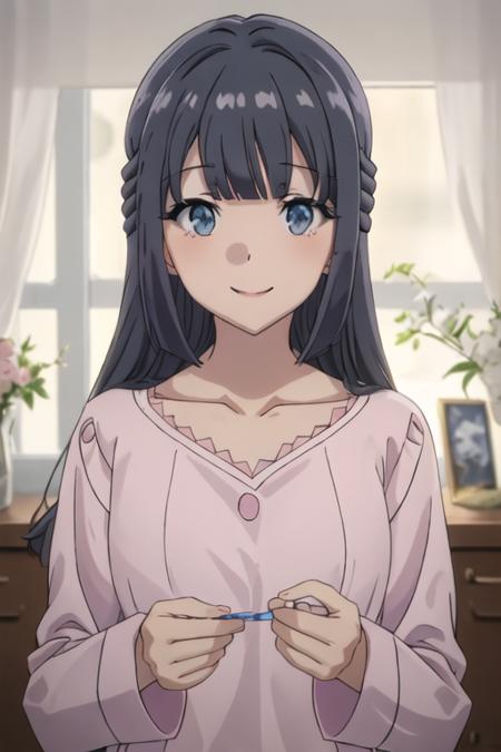 makinohara_shoko_seishunbutayarou long_hair, bangs, black_hair, braid, blue_eyes, smile, closed_mouth, blue_hair