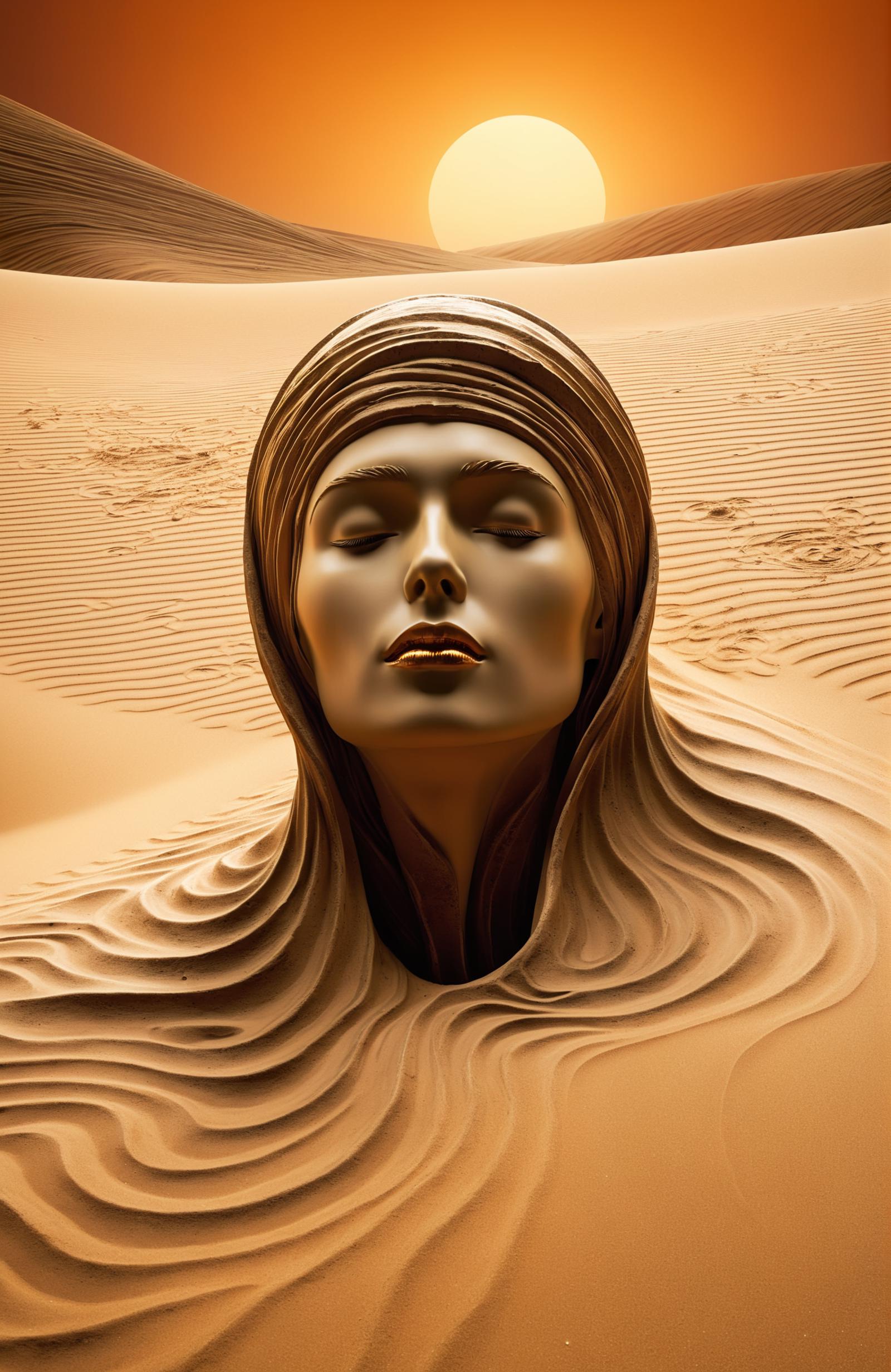 A sand sculpture of a woman's head with her eyes closed.