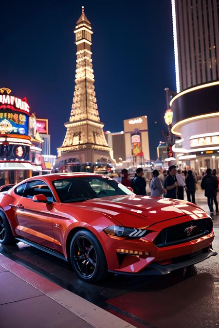 Photo of a classic red mustang car parked in las vegas strip at night,8k uhd,high quality,film grain,Fujifilm XT3,