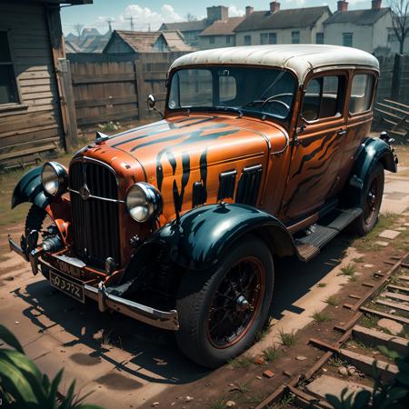 <lora:TigerstripeAI-15:0.7>TigerstripeAI old-fashioned car