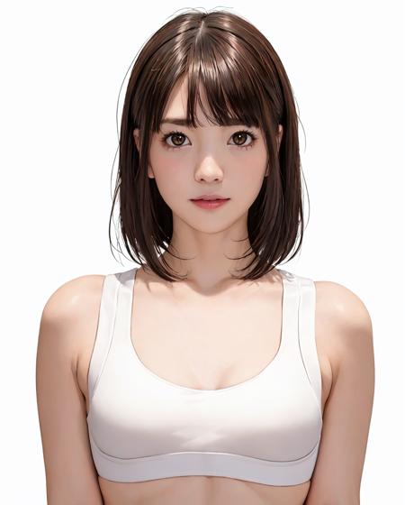 best quality, photorealistic, 8k, high res, 1girl, woman, (skindentation), (portrait:0.6), gorgeous, ((whitebackground, sport bra, small breast:1.55)), (very short brown hair, parted bangs:1.6), looking at viewer,  (1girl eyes looking at viewer:1.6), photorealistic, (bokeh), (smile:1.3), gorgeous, pureerosface_v1:1, <lora:koharu suzuki v2:0.5>