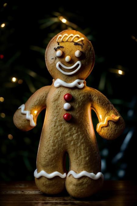 Gingerbread_Man, food, cookie, food focus, no humans, an extremely gritty detailed HD 8K photograph of a gingerbread ban and woman wearing very festive cookie clothing dancing on the table in front of a beautifully decorated pine Christmas tree, detailerlora, beautiful subtle very soft yellow lights