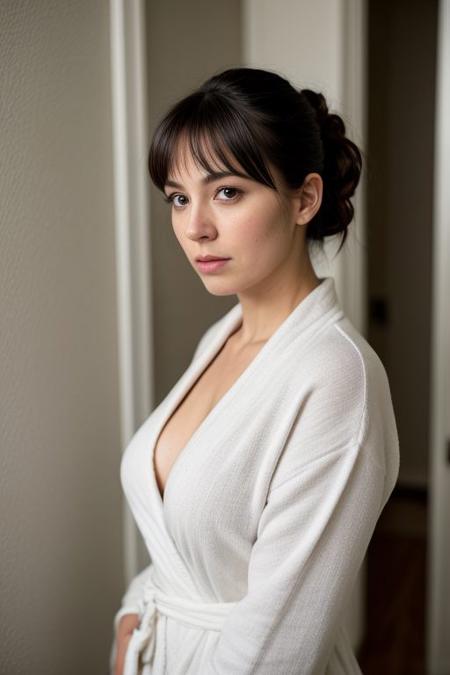 latina woman,  35 years old, pale skin, cute face, puppy face, dark hair in a bun with short bangs, short height ,petite , grey short towel bathrobe, big boobs, seductive look, no makeup, flirty look, block hallway, no bra, sneaky shot, side view, model looking at the camera