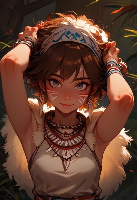 score_9, score_8_up, score_7_up,  san, 1girl, upper body, hands in hair, solo, short hair, brown hair, gray eyes, headband, face paint, earrings, white sleeveless top, navy under dress, arm cuffs, fur headdress, fur cape, light-skinned female, female focus, looking at viewer, smiling, forest, (blush:1.1),easynegative, fantasy, Expressiveh, bone necklace, tribal,