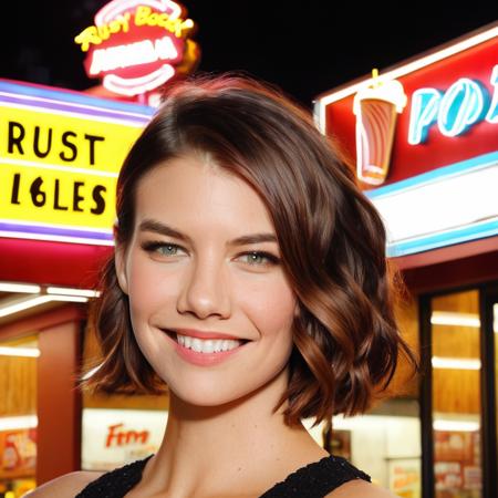 lauren_cohan, <lora:LaurenCohanXL:1>,a smiling woman with long hair standing in front of a fast food restaurant at night with a neon sign that reads "Rusty Bucket", rim lighting, dramatic atmosphere, dim light, ((sharp face, detailed face, realistic face, naturtal skin, realistic skin, detailed skin, pores)), ((perfect eyes, detailed eyes,realistic eyes))